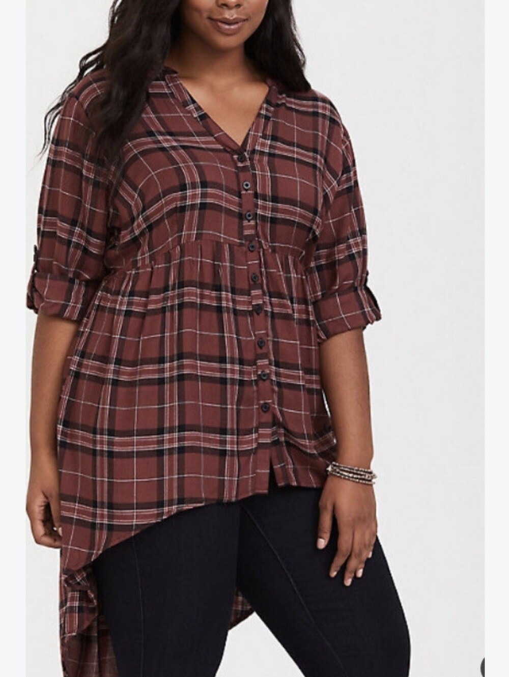 0210 Torrid Rust Brown Plaid High Low Button Front Tunic Top Size 4 Fall Grunge
